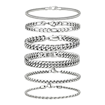 Mosflor 6 Pcs Silver Bracelets for Men, Cuban Link Chain Bracelet Stack Mens Stainless Steel Metal Rope Bracelet Set 8.3 Inches Mens Fashion Accessories Jewelry Non Tarnish for Men Dad Him Husband Son