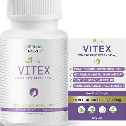 BIOLABS PRO Natural Vitex Chasteberry Supplement for Women - Pure Chaste Tree Berry Extract 500mg, Maximum Strength Formulation, Vegan Capsules, Supports Hormonal Balance - (60 Caps - 2-Month Supply)