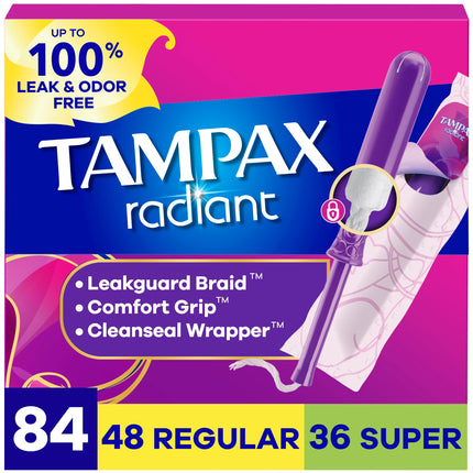 Tampax Radiant Tampons for Women Multipack, with LeakGuard Braid, Regular/Super Absorbency, Unscented, 84 Count (3 Packs of 28), Packaging May Vary