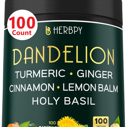 Herbpy Dandelion Root Supplement 7500mg 6in1 for Digestion, Heart Health & Immune - Blended with Ginger, Turmeric Curcumin, Ceylon Cinnamon, Lemon Balm & Holy Basil - 100 Dandelion Capsules