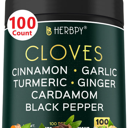 Herbpy 7in1 Clove Supplement 500mg Rich in Vitamins & Minerals Supports Digestion, Immune & Heart Health with Cinnamon, Turmeric, Ginger, Cardamom, Garlic & Black Pepper - 100 Vegan Capsules