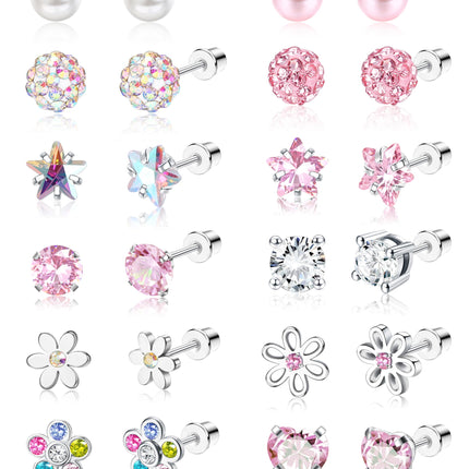 SAILIMUE 12 Pairs Hypoallergenic Screw Back Earrings for Women Girls Surgical Steel Cute Heart CZ Flower Pearl Ball Tiny Screwback Stud Earring