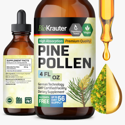 BIO KRAUTER® Pine Pollen for Men's Support - Pure & Vegan Pine Pollen Tincture 685 mg per Serving 4 Fl.Oz 56-Day Supply - Immune Support Supplement & Antioxidants - Alcohol & Sugar Free