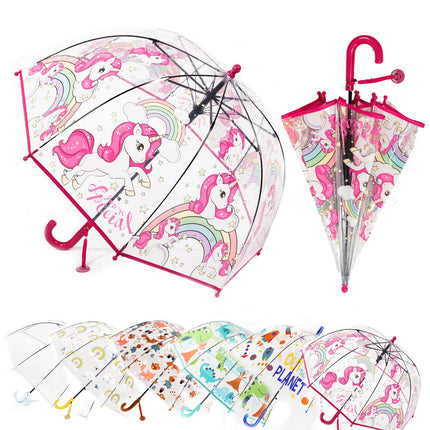 MRTLLOA Kids Red Unicorn Clear Bubble Umbrella, Toddler Grip Curved Handle Stick Rain Umbrella(Red Unicorn)