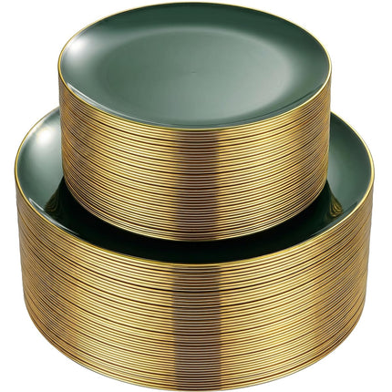 PULOTE 100PCS Green Plastic Plates - Green Disposable Plates With Gold Rim - Include 50 Pieces Dinner 10.25inch,50 Pieces Dessert 7.5inch for Party&Christmas