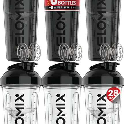 VELOMIX -6 PACK- 28 oz Protein Shaker Bottle for Protein Mixes -6x Wire Whisk | Leak Proof Shaker Cups for Protein Shakes | Large, Stackable Protein Shaker Bottle Pack (Blacks and Transparents)