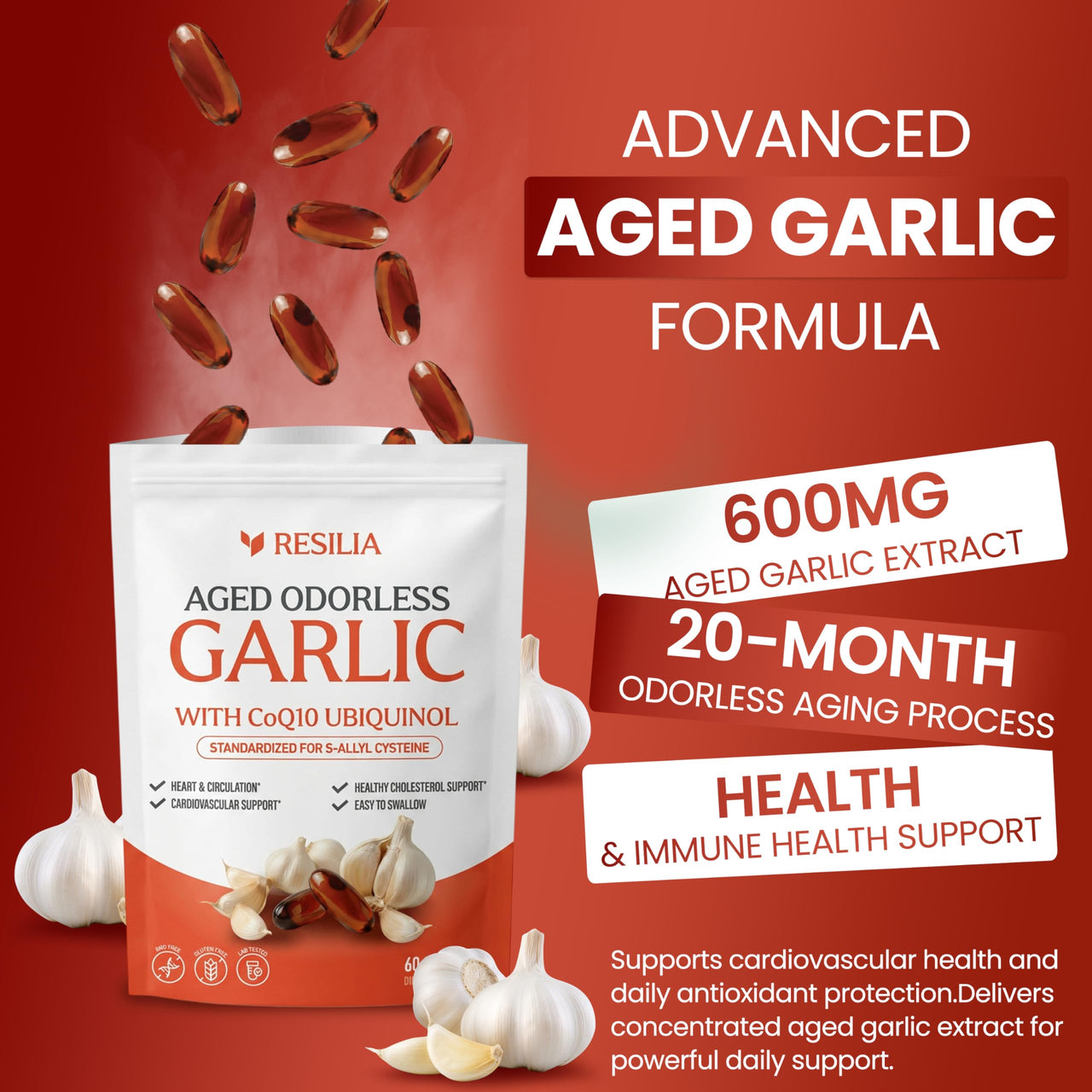 Resilia Garlic Extract 600mg Softgels (60 Count) – Odorless Aged Garli ...