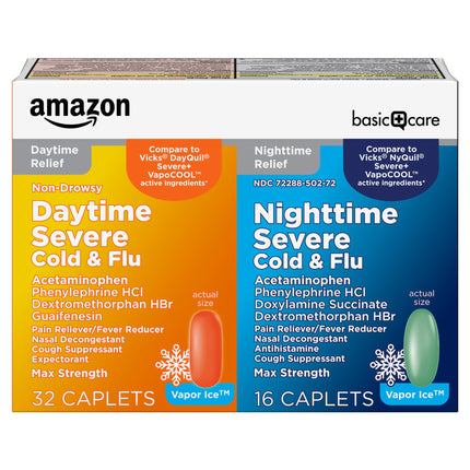 Amazon Basic Care Vapor Ice Day and Night Severe Cold and Flu Relief Caplets, Maximum Strength Multi-Symptom Medicine for Cough, Sore Throat, Nasal Congestion, 48 Count