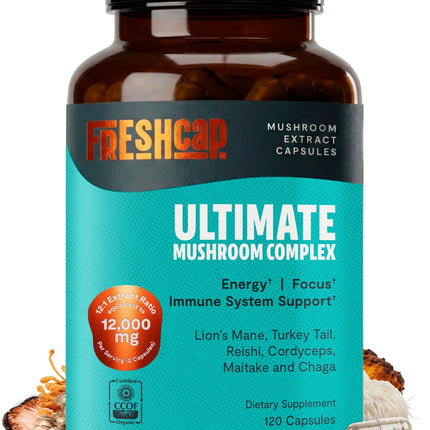 FreshCap Mushrooms Premium Organic Ultimate Mushroom Supplement - 12:1 Fruiting Body Extract with 29% Beta-Glucans - 3rd-Party Tested Nootropic for Energy, Focus & Immune Support (120 Capsules)