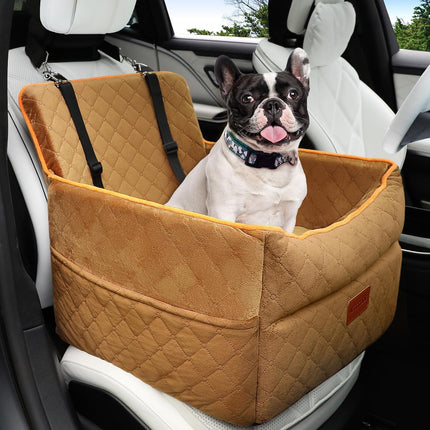HEGGCOOE Dog Car Seat for Small Medium Dogs, Memory Foam Dog Booster Seats with Thick Cushion for Dogs Under 35lbs, Detachable Washable Pet Car Seat Travel Bed with Storage Pockets,2 Safety Belt