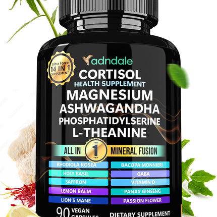 Adndale Cortisol Supplements for Women. Ashwagandha Supplements with Magnesium Glycinate, L-Theanine & More. Cortisol Reducer for Women - 90 Capsules