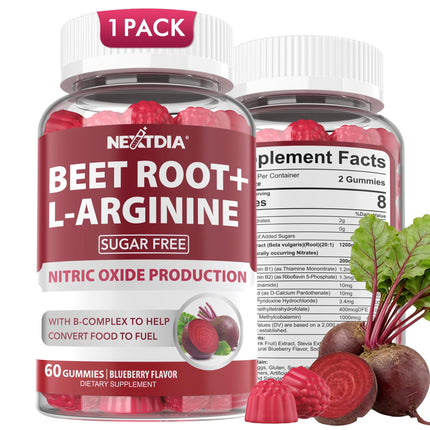 Beet Root Gummies, Beetroot & L-Arginine, Red Beets Supplements w/ Vitamin B1, B2, B3, B5, B6, Folate, B12 for Energy Boost & Circulation Support, Sugar Free Nitric Oxide Gummies, 60 Beet Chews