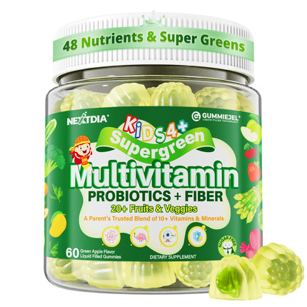 Kids Multivitamin Gummies, 20+ Super Greens Fruit Veggies Supplement Superfood Daily Fiber Gummies with Prebiotic Fiber & Probiotics for Kids Gummy Vitamins & Minerals for Tummy & Immune Support, 60Ct