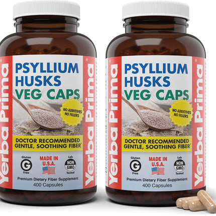 Yerba Prima Psyllium Husks Veg Caps, 400 Capsules (625mg) (Pack of 2) - Vegan, Non-GMO, Gluten Free, Colon Cleanser, Daily Fiber Supplement for Gut Health & Regularity