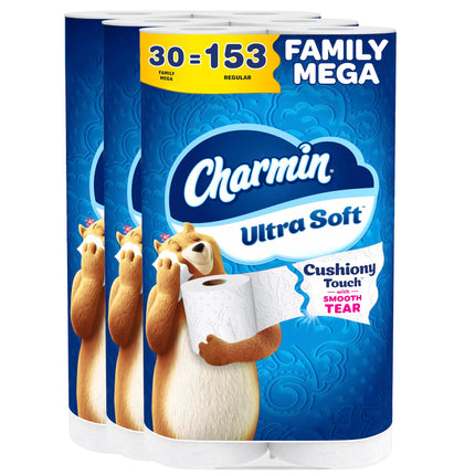 Charmin Ultra Soft Cushiony Touch Toilet Paper, 30 Family Mega = 153 Regular Rolls, 2-Ply, White