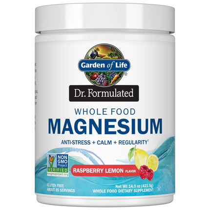 Garden of Life Dr. Formulated Whole Food Magnesium Complex Powder with Probiotics – Stress & Sleep Support, Non-GMO, Gluten-Free, Vegan, Raspberry Lemon Flavor, 85 Servings