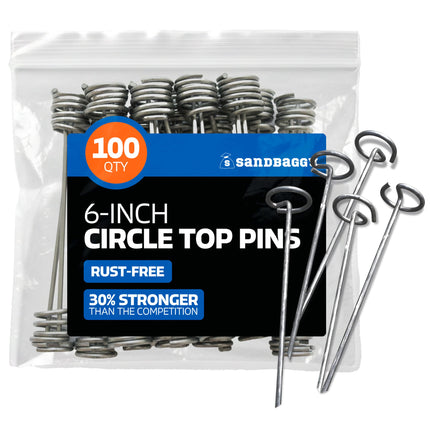 Sandbaggy 6 Inch Landscape Staples, 8 Gauge Galvanized Circle Top Garden Stakes, Heavy Duty Ground Pins for Weed Barrier Fabric, Sod, Turf, Netting and Erosion Control, 100 Pack
