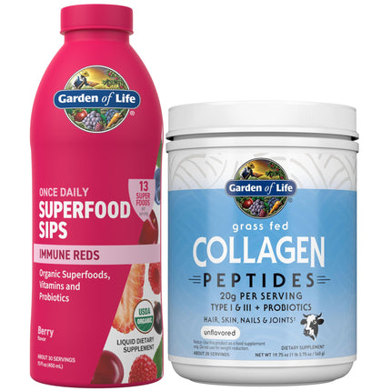 Garden of Life Restorative Bundle - Collagen Peptides Unflavored Powder for Hair, Skin, Joints, 28 Servings + Superfoods Sips Immune Reds, Vitamins, Probiotics, Superfoods, Berry Flavor, 30 Servings