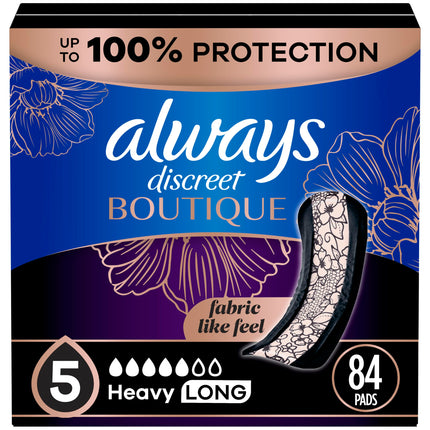 Always Discreet Boutique Adult Incontinence & Postpartum Pads For Women, Size 5, Heavy Long Abondant longues, 28 Count x 3 Packs (84 Count total) (Packaging May Vary)