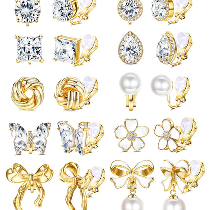 Drperfect Clip on Earrings Women Gold Dangle Pearl Bow Flower Butterfly Cubic Zirconia Non Pierced Earrings Clip on Stud No Piercing Earrings Clip