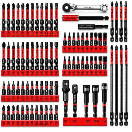 RLVKEAZ 88-Piece Impact Driver & Magnetic Screwdriver Bit Set, S2 Steel Security Torx Hex Phillips Square Triangle Slotted Bits, Mini Ratchet Wrench, Magnetic Bit Holders & Nut Driver, 1/4'' Hex Shank