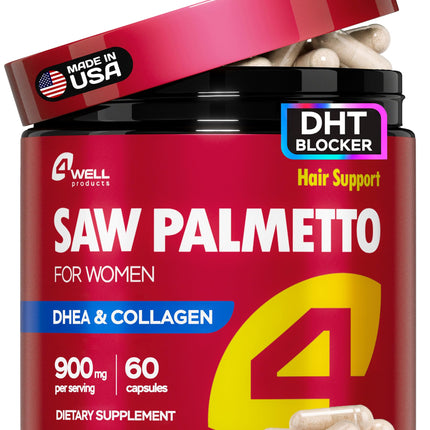 Saw Palmetto for Women 900mg – DHT Blocker for Hair Growth with DHEA & Collagen Peptides, Advanced Beauty Support Complex for Hair, Skin & Nails, DHEA Supplement, Thinning Support, 60 Capsules
