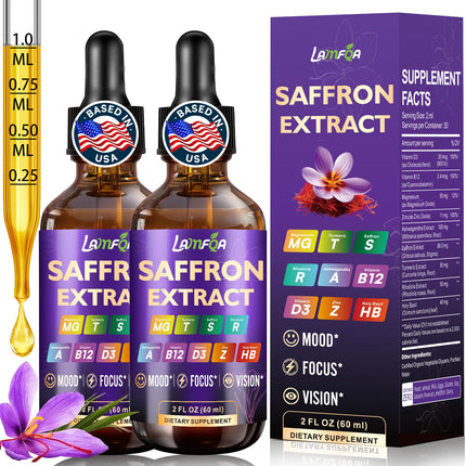 LAMFQA Saffron Extract for Anxiety Relief & Calm Mood Support | 88.5mg Saffron Supplement Drops for Mood, Focus, Eye Support for Mood, Energy & Cognitive Support - 2 fl oz - 2 Pack