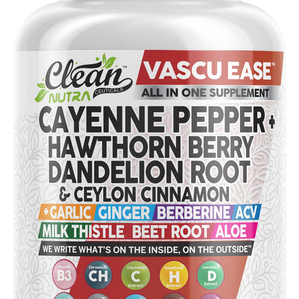 Clean Nutra Cayenne Pepper Capsules Supplement with Hawthorn Berry, Dandelion Root, Ceylon Cinnamon, Garlic, Ginger, Berberine, Apple Cider Vinegar, Milk Thistle, Beet Root, Aloe Vera Pills & More