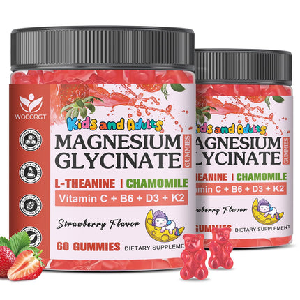 Magnesium Glycinate Gummies for Kids & Adults - Relaxation & Cognition Support - 400/200mg Magnesium Supplement with L-Theanine, B6, D3 & K2 - Vegan, Sugar Free, Strawberry Flavor, 60 Ct (2Pack)