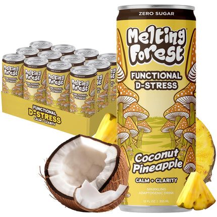 Melting Forest Functional Mushroom D-Stress - Adaptogen Drink with L-Theanine, Reishi, Lion's Mane & Magnesium - Relaxation Drinks for Stress Relief - 0 Sugar, 5 Calories - Coconut Pineapple (12-Pack)