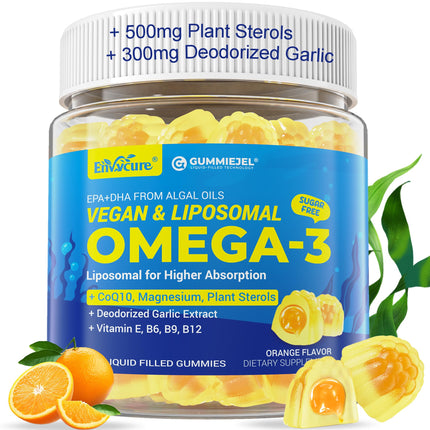 Omega-3 Gummies + CoQ10+ Magnesium- EPA 600mg & DHA 400mg, Fish Oil Omega 3 Supplements Alternative for Women Men Adults - from Vegan Algae Oil- Liposomal Form - with Plant Sterols, Garlic, Sugar Free