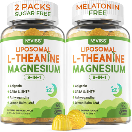 Liposomal L-Theanine 200mg Magnesium Glycinate 400mg Gummies with GABA, 5HTP, Apigenin, Vitamin B6 & D3, Ashwagandha, Lemon Balm Leaf, Melatonin Free Sleep Chewable for Relax Mood & Muscle, 2 Packs