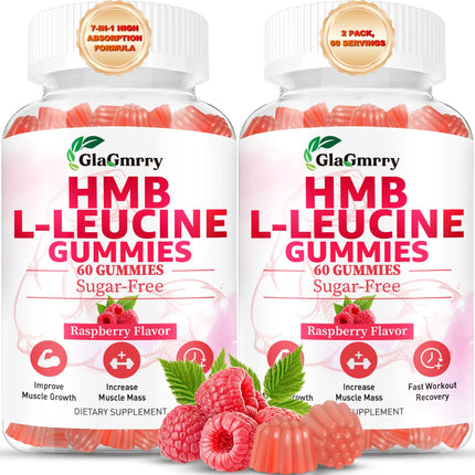 GlaGmrry 2 Pack HMB and Leucine Gummies, HMB & Leucine Amino Acid for Muscle Growth, Muscle Relief, HMB Supplements for Men & Women, Vegan, Non-GMO, Raspberry Flavor, 120 Count
