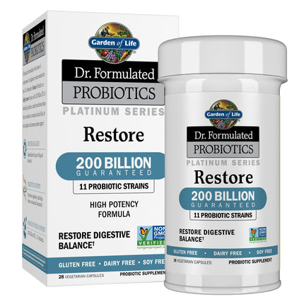 Garden of Life Dr. Formulated Probiotics Platinum Series Restore 200 Billion CFU Guaranteed, High Potency Probiotic Formula, Vegan, Non-GMO, Gluten Dairy Free Digestive Immune Support, 28 Capsules