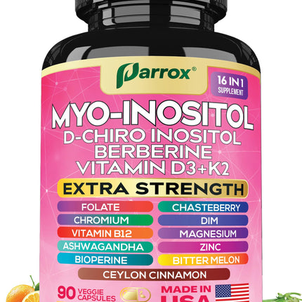 Parrox Myo Inositol Supplement, D-Chiro Inositol, Folate, DIM, Vitamin D3, B12, K2, Chromium, Bioperine, Ceylon Cinnamon, Zinc, Ashwagandha, Chasteberry, Magnesium, Berberine (90 Vegan Capsules)