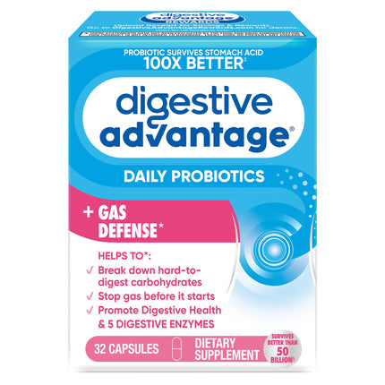 Digestive Enzyme and Probiotic Capsule- Digestive Advantage 32 Capsules, Survives 100x Better than regular 50 billion CFU, Breaks down food, helps prevent gas