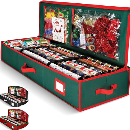 Premium Wrapping Paper Organizer Storage | Gift Wrap Holder With Extra Pockets for Christmas Decorations, Reinforced Handles, Heavy Duty, Ultra-Durable, Tear-Proof Fabric - Fits Up to 27 Rolls (Green)
