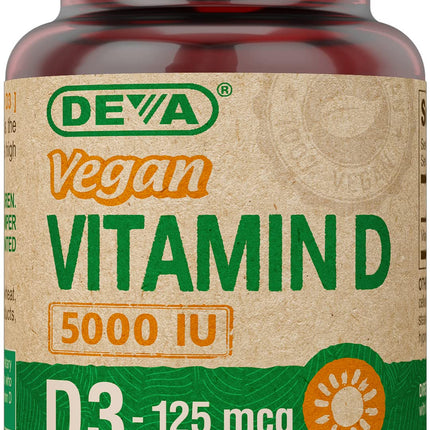 DEVA Vitamin D3 5000 IU, Sunshine Supplement, 125 mcg of Vegan D3, 90-Count Bottle
