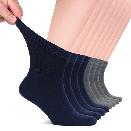 Hugh Ugoli Diabetic Socks for Men, Loose Ankle Extra-Wide Socks Rayon, Thin, Seamless Toe and Non-Binding Top, 8 Pairs, Navy Blue/Melange Grey, Shoe Size: 11-13