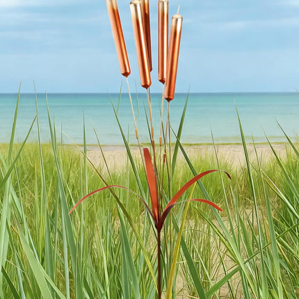 43“ Cattail Wind Chimes Stake Outdoor Decor – Plated Copper Metal Yard Cattail Plant Art Poles for Garden Patio