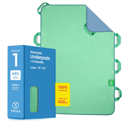 Improvia Positioning Bed Pad, with 8 Reinforced Handles, Quick-Drying, Washable, Waterproof, for Lifting, Turning, Transfering, Elderly and Incontinence Patients (Green, 34" x 52" - Pack of 1)