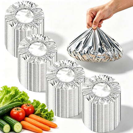 200 PCS Aluminum Foil Food Covers, Upgraded&Thickened Reusable Aluminum Foil Food Covers, 110℃ Heat Resistant Elastic for Meals Vegetable Fruit Leftovers for Kitchen Reusable Picnic Restaurant