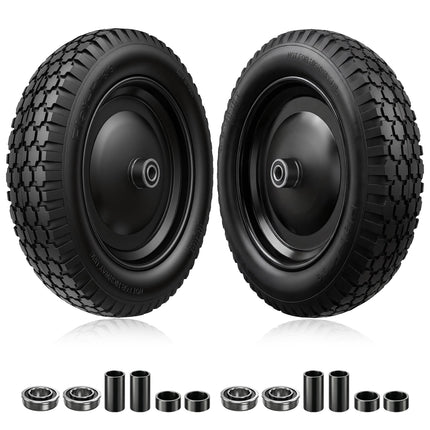 2-PCS 4.80/4.00-8 Tire, 14.5" Flat Free Wheelbarrow Tire and Wheel - Solid Replacement Tires with 3"-7" Adjustable Centered Hub, 5/8" & 3/4" Bearings | Fit 4.80/4.00-8, 4.00-8, 4.00-6, 3.50/3.00-8
