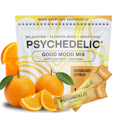 Psychedelic Water Calming Kava Drink Mix - Kava kava Flavored Drink Mix - Easy Open Single-Serving - Flavored Kava - Mucuna Pruriens - Stevia - Adaptogen Mocktails - 14 Sticks - Sunburst Citrus