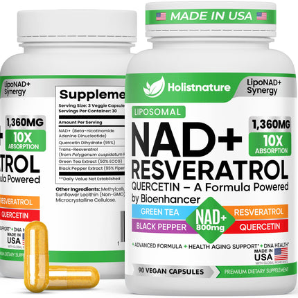 NAD+ Supplement, 1,360mg Max Strength Liposomal | Resveratrol, Quercetin, Green Tea | Cellular Energy & Healthy Aging for Men & Women | 800mg of 100% High Purity NAD+ for Energy, Focus - 90 Capsules