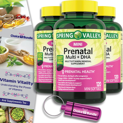 Choice Bundle Spring Valley Prenatal Multi + DHA Complete Multivitamin Multimineral Supplement Mini Softgels 120 Ct 3 pk (360 Total) + Vitamin Guide & Pill Container (5 Items)!