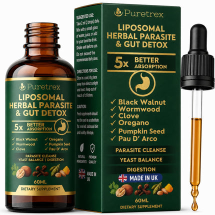 PURETREX Herbal Gut Detox & Cleanse Drops 2 fl oz, Liposomal Dewormer for Humans with Wormwood, Black Walnut, Clove, Pumpkin Seed, PAU D'Arco, Candida & Yeast Balance Formula, 5X Better Absorbtion