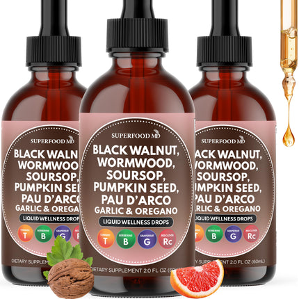 Wormwood Black Walnut Cleanse for Humans Drops Liquid Soursop Garlic Pumpkin Seed PAU D'Arco Oil of Oregano Turmeric Berberine Neem Extract Hull Bark Tincture - 6 oz