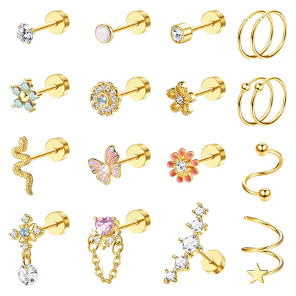 Cartilage Earring Stud for Women 14K Gold Plated Opal Flat Back Earrings