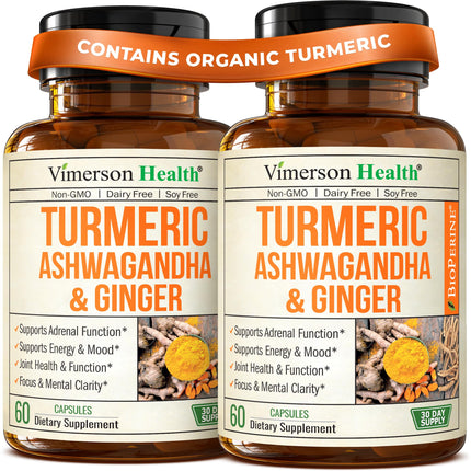 Ashwagandha Capsules for Energy, Mood and Joint Health – All-in-One Formula with Ashwagandha, Turmeric, Ginger Root & Black Pepper for Enhanced Absorption– Ashwagandha for Women & Men – 2 Pack